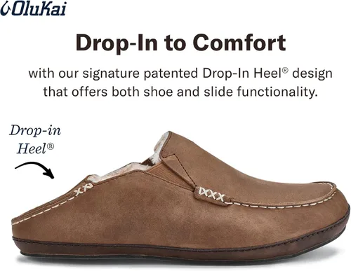 Vista 4 de OluKai Moloa Pantuflas para hombre zapatos sin cordones de cuero nobuck de alta calidad forro de oveja e inserto de gel diseño de tacón caído