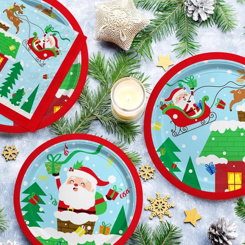 Vista 4 de Suministros de fiesta de Navidad Lamparty - Platos y servilletas desechables de papel con temática de Santa de Navidad - Perfectas decoraciones