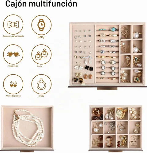 Vista 4 de Frebeauty Joyero para mujer, organizador de joyas con tapa transparente con 3 cajones Marrón Oscuro
