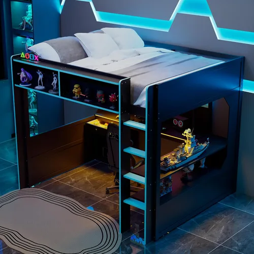 Vista 13 de Harper & Bright Designs Cama loft para juegos con escritorio integrado y luces LED, marco de cama de madera tamaño individual con cajón