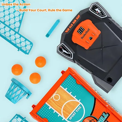 Vista 4 de Juego de baloncesto de mesa: mini arcada de escritorio compacta, juego de escritorio para interiores con puntuación electrónica, luces y sonido