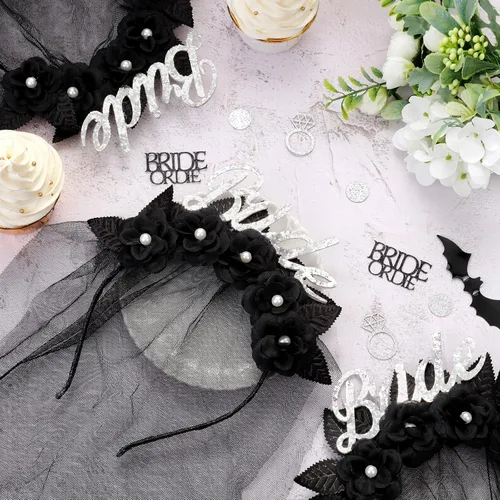 Vista 5 de Decoración gótica de novia con velo de flores góticas, diadema para despedida de soltera, novia, futura novia, tocado de flores góticas, aro
