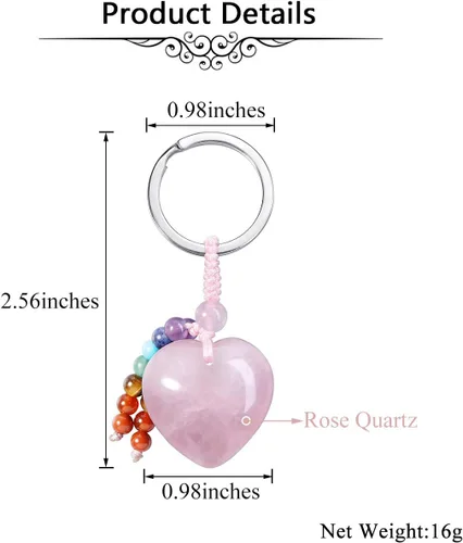 Vista 5 de Jovivi Llavero de piedra de amor de cristal de cuarzo rosa natural, 7 chakras, reki, cuentas de piedras preciosas de cristal curativo con borla