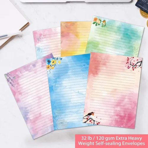 Vista 5 de Juego de papel estacionario y sobres forrados con diseño de pájaros florales y acuarelas, con papel de escritura de letras forradas, 48 hojas + 24