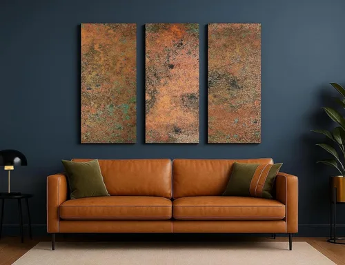 Vista 7 de Arte de pared de cobre real - Arte de metal de 3 paneles - Textura de pátina - Tríptico abstracto moderno - Decoración rústica hecha a mano