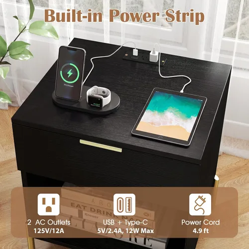 Vista 4 de Giantex Nightstand with Charging Station, Mid Century Modern Bedside Table with Storage Drawer & Open Compartment, End Table w/Wood Grain & Metal