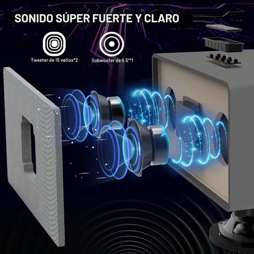 Vista 7 de Máquina de Karaoke RHM K222, Conexión a TV vía Óptica o Bluetooth, con Sonido Potente, Bajos Profundos, 2 Micrófonos Inalámbricos UHF y 5 Modos