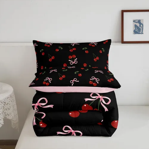Vista 6 de Feelyou Juego de ropa de cama con lazos bonitos y cerezos, tamaño individual, para niños, juego de edredón con lazos de acuarela para niños, niñas
