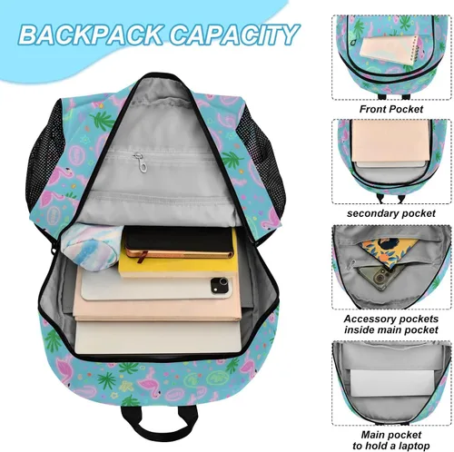 Vista 4 de Verano Flamingo Rosa Azul Mochila Para La Escuela Con Bolsa De Almuerzo Bolsa Con Lonchera Para Niñas 9-10 años Mochilas Y Loncheras Escuelas Para