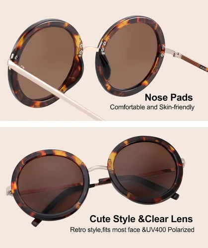 Vista 3 de JOOX Gafas de sol redondas polarizadas retro para mujer, gafas de sol vintage de gran tamaño con lente de protección UV 100%