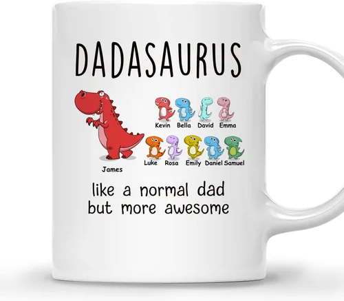 Vista 18 de Gossby Taza de Café Personalizada DADASAURUS – Regalo Personalizado para Papá de Niño, Hija, Hijo, Esposa Con Diseño, Nombres – Divertido Día