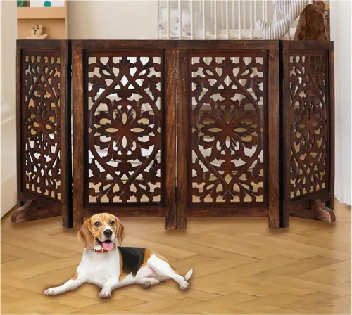 Vista 18 de Puerta independiente para mascotas para perros, puerta plegable de madera para perros para casa, puerta interior para perros para escaleras