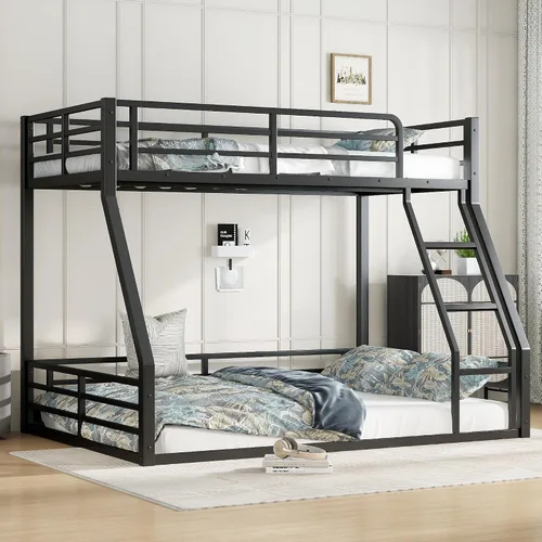 Vista 10 de Litera de metal resistente de tamaño individual sobre matrimonial, con escalera integrada y barandilla de seguridad para niños, adolescentes
