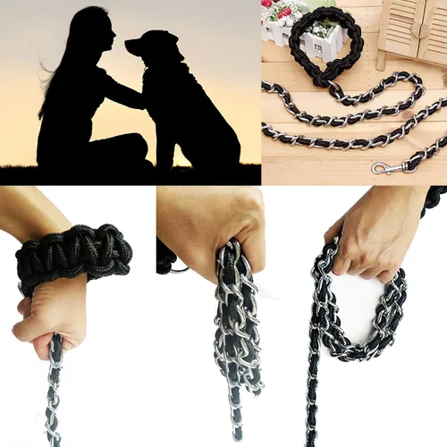Vista 5 de Correa de metal para perro, correa de cadena con collar para mascotas, correas de entrenamiento para caminar, resistente, antimordeduras, gancho 360