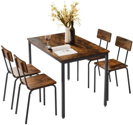 Vista 7 de anwickjeff Juego de mesa de comedor para 4 mesas de bar y sillas, juego de 5 piezas de mesa de cocina rectangular de madera de metal industrial y 4