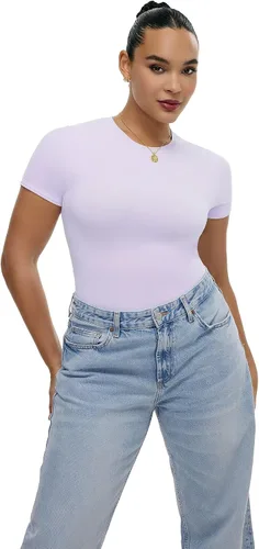 Vista 4 de Body de manga corta para mujer, camiseta de doble forro, tanga con cuello redondo, trajes de cuerpo recortados