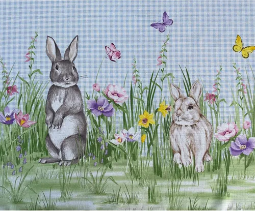 Vista 4 de Manteles Newbridge con diseño de Pascua, primavera, prado y conejos bordados, adorable tela de mantel con conejos y de color azul, con estampado a