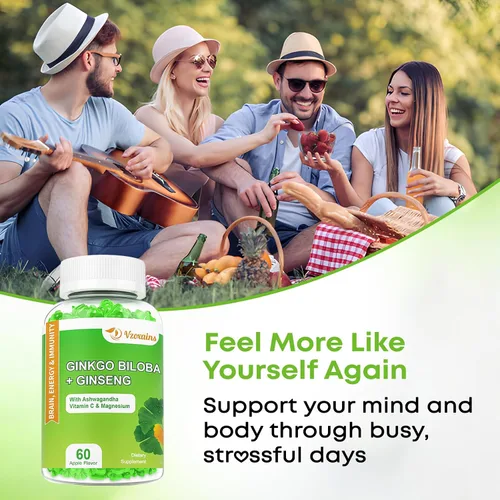 Vista 4 de Gomitas de ginkgo biloba de 240 mg con ginseng y magnesio, suplementos de ginko biloba gomitas para concentración cerebral, estado de ánimo