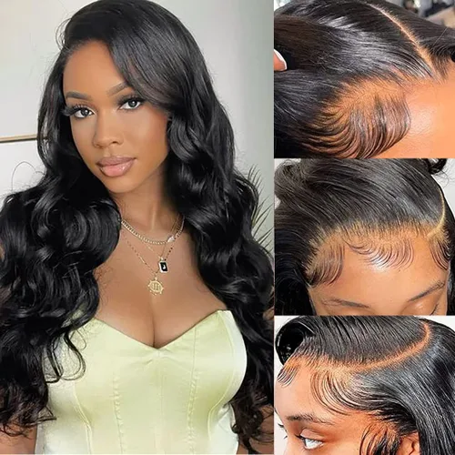 Vista 6 de Pelucas de cabello humano ondulado con encaje frontal de 13 x 4 para mujeres negras, sin pegamento, 22 pulgadas