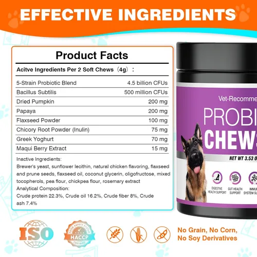 Vista 9 de Probióticos para perros, probióticos masticables y picor intestinal digestivo, probióticos para la piel, alivio de la picazón, diarrea, 50 tabletas