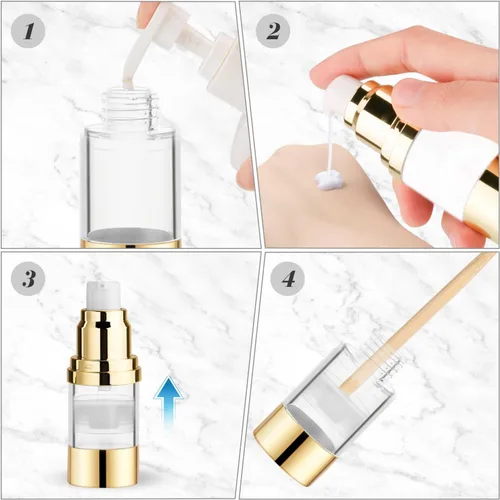 Vista 7 de 4 botellas de plástico transparente sin aire de 0.5 fl oz/0.5 oz con cabeza dorada, vacíos, rellenables, al vacío, cosméticos, almacenamiento