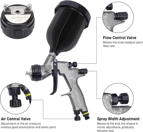 Vista 3 de HVLP - Pistola pulverizadora de aire de acero inoxidable de 0.051 in y 0.071 in, 20.3 fl oz y 13.5 fl oz, pulverizador de pintura de alimentación