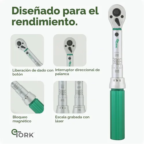 Vista 3 de eTORK Llave dinamométrica de 1/4 con sistema de bloqueo magnético, llave dinamométrica de pulgada-libra (5-50 in-lb) (0.6-5.6 Nm), precisión