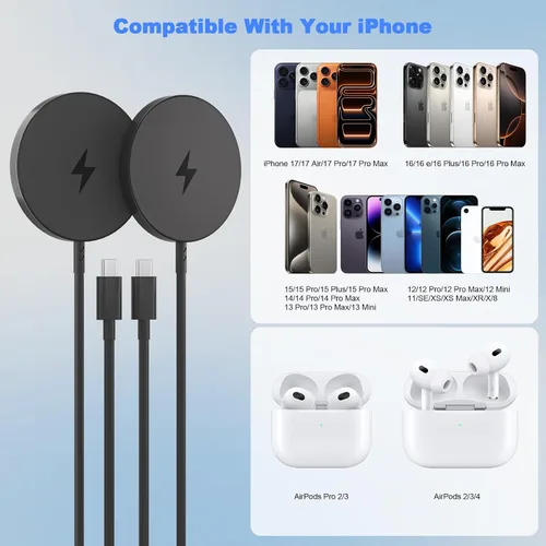 Vista 3 de Cargador inalámbrico magnético para iPhone 17 16, paquete de 2 cargadores inalámbricos de 6 pies de carga rápida y segura con bloque de carga USB C