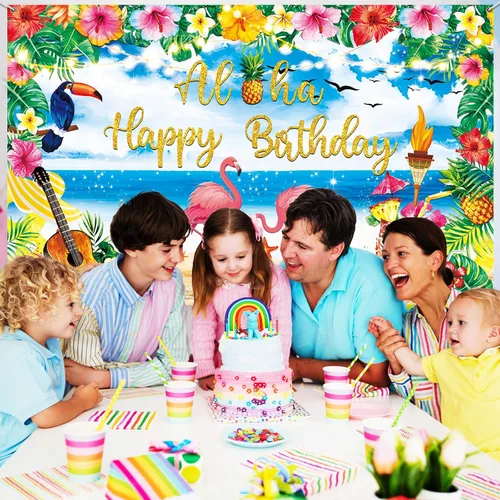 Vista 6 de Decoraciones de fiesta de cumpleaños Luau de alta calidad, pancarta Aloha con texto en inglés "Happy Birthday", grande de 72 x 44 pulgadas, diseño