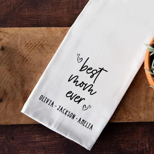 Vista 2 de Andaz Press Toalla de Cocina Personalizada, Toalla de Té de Saco de Harina, La Mejor Mamá de Todos los Tiempos Nombres Personalizados de Niños