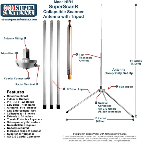 Vista 2 de Scanner SDR Antenna Tripod Portable Collapsible by Super Antenna SR1 UHF VHF broadband
