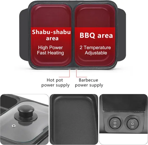 Vista 5 de Olla caliente con parrilla, olla caliente eléctrica antiadherente 2 en 1 para interiores, control de temperatura independiente, parrilla coreana
