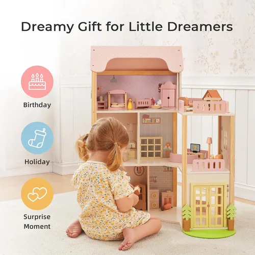 Vista 6 de OOOK Casa de muñecas de madera con 60 accesorios de muebles de lujo, incluyendo 4 muñecas y 2 mascotas, casa grande de muñecas de 3 pisos con 6