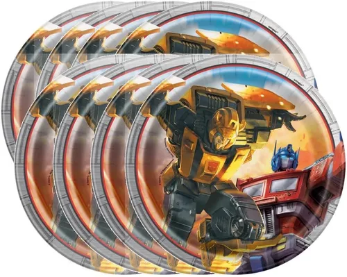 Vista 2 de Unique Transformers Party Supplies El paquete incluye 16 platos de papel para pasteles de postre de 7 pulgadas y 1 mantel de plástico