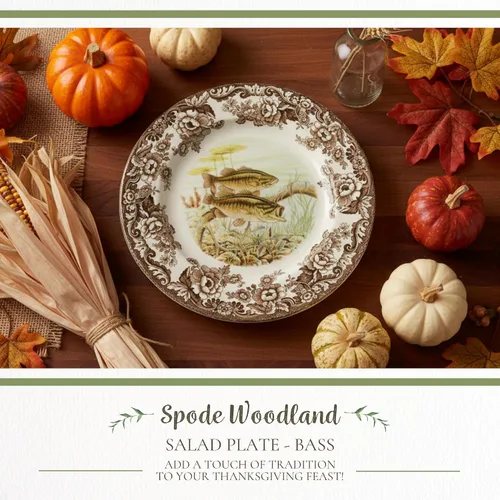 Vista 2 de Spode Woodland Bass Plato de Ensalada - 8" Loza Fina, Hecho en Inglaterra, Diseño de Pez de Caza con Borde de Flores Británicas para Ensaladas