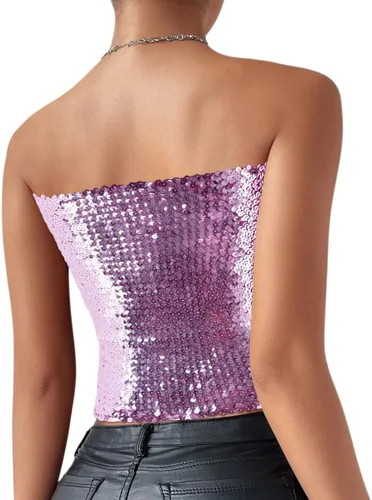 Vista 3 de Naimo Top de tubo de lentejuelas brillantes para mujer, sexy, elástico, para fiesta, disfraz de club, camisolas