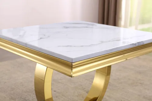 Vista 6 de Mesa auxiliar moderna de mármol sintético, mesa auxiliar de mármol sintético con marco geométrico, mesa central rectangular de mármol, mesa de té
