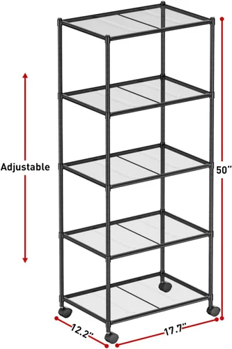Vista 7 de OVICAR Estante de almacenamiento con ruedas – Estantería ajustable de alambre de malla de 5 niveles, estante de almacenamiento de metal para cocina