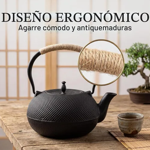 Vista 3 de Tetera grande de hierro fundido, tetera japonesa Tetsubin para estufa, tetera de hierro fundido con infusor de acero inoxidable para té suelto e