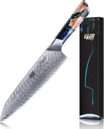 Vista 13 de FINDKING Nebula Series - Cuchillo de cocina con funda de ABS, cuchillo pequeño versátil, hoja de damasco 10Cr15CoMov, mango de resina y sicomoro Azul