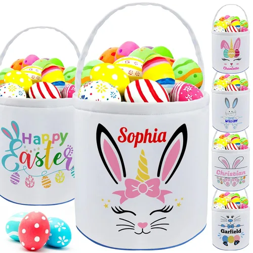 Vista 31 de Cesta de Pascua personalizada con nombre para niñas, niños y niños, cesta de Pascua personalizada bolsas de regalo para caza de huevos de Pascua