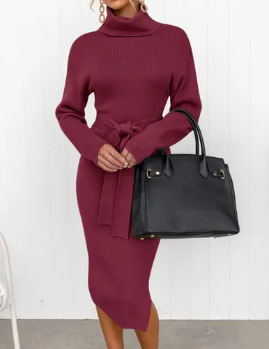 Vista 55 de ZESICA - Vestido por debajo de la rodilla de suéter, de cuello alto, para mujer, de manga larga, de punto acanalado, con abertura y cinturón