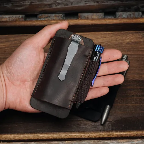 Vista 3 de Funda de cuchillo de cuero VIPERADE PJ33 para cinturón, funda de navaja de bolsillo horizontal con soporte elástico para bolígrafos, funda de Marrón