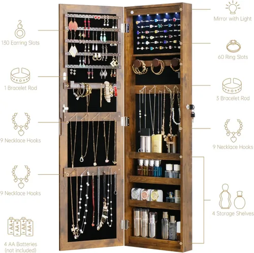 Vista 3 de Armario organizador de joyas con espejo de longitud completa, con cerradura, montaje en pared, con estantes y almacenamiento detrás de la puerta