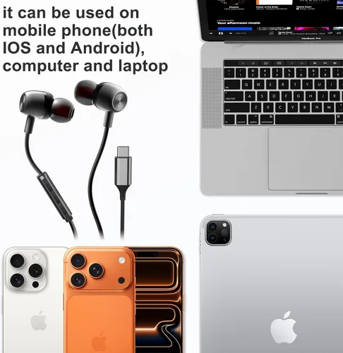 Vista 3 de Auriculares USB C para Samsung S24 S23 FE S22 S21 S20 A53 A54 Auriculares intrauditivos de metal tipo C con micrófono Control de volumen Bass Stereo