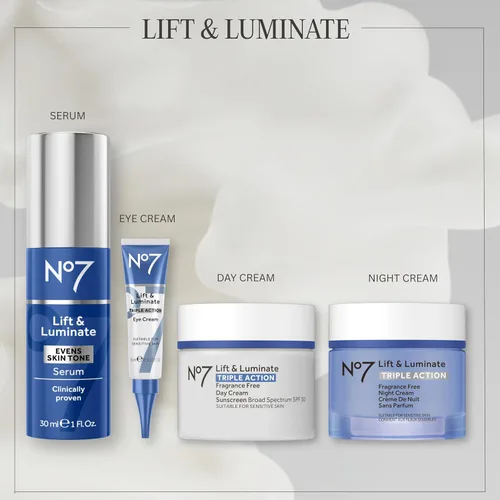 Vista 6 de No7 Lift & Luminate Crema facial de triple acción, sin fragancia, hidratante facial con SPF 30, formulada con péptidos de colágeno