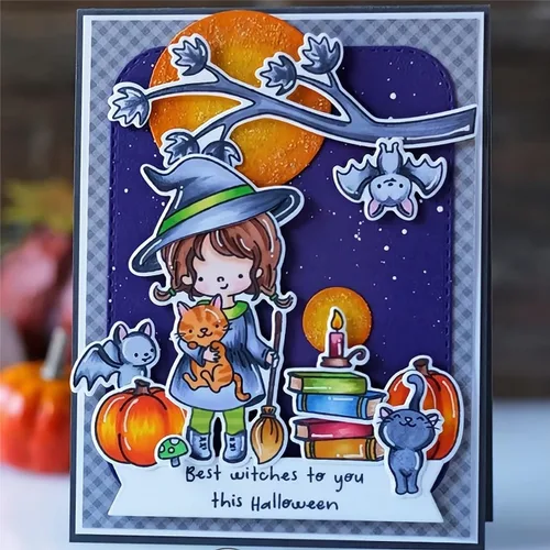 Vista 5 de Juego de sellos y troqueles de Halloween Witch Happy Haunting para hacer tarjetas, sellos transparentes y troqueles de corte de metal para álbumes 01
