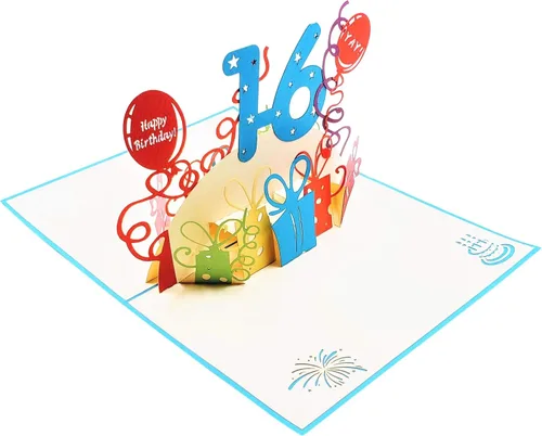 Vista 7 de iGifts And Cards Tarjeta desplegable 3D de cumpleaños de 16 años, regalos coloridos y escena de celebración de globos, divertido saludo