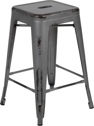 Vista 36 de Taburete de 24 pulgadas de alto para interior y exterior con asiento cuadrado., Metal, Negro