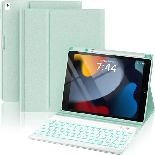 Vista 18 de OYEEICE Funda de teclado para iPad 6ª/5ª generación de 9.7 pulgadas, teclado inalámbrico desmontable retroiluminado de 7 colores, cubierta magnética